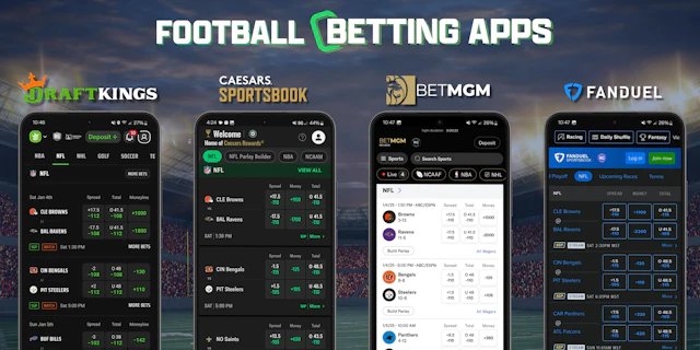 Mobile Screens of Top Football Betting Apps, DraftKings, Caesars Sportsbook, BetMGM, and FanDuel