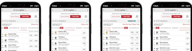 Four top halves of iphones showing different fixed odds markets available for horse racing in the Spreadex app
