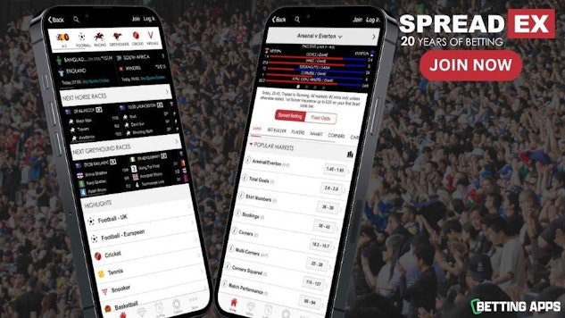 In the foreground two i Phones are next to each other with the left one showing the Spreadex home page and the right one showing popular markets for a football match another in the background is a crowd at a sporting 1