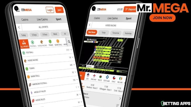 Mr Mega home screen and horse racing section on two pixel phones