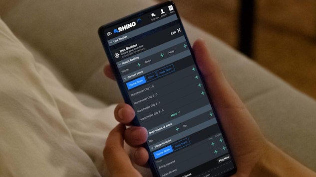 Pixel 5 showing the bet builder in the Rhino Bet app