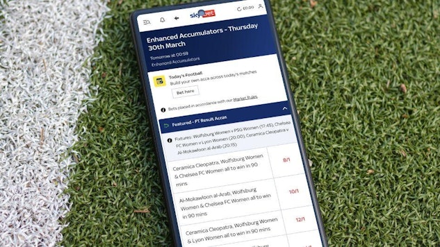 Pixel phone showing Enhanced Accas page on Sky Bet app