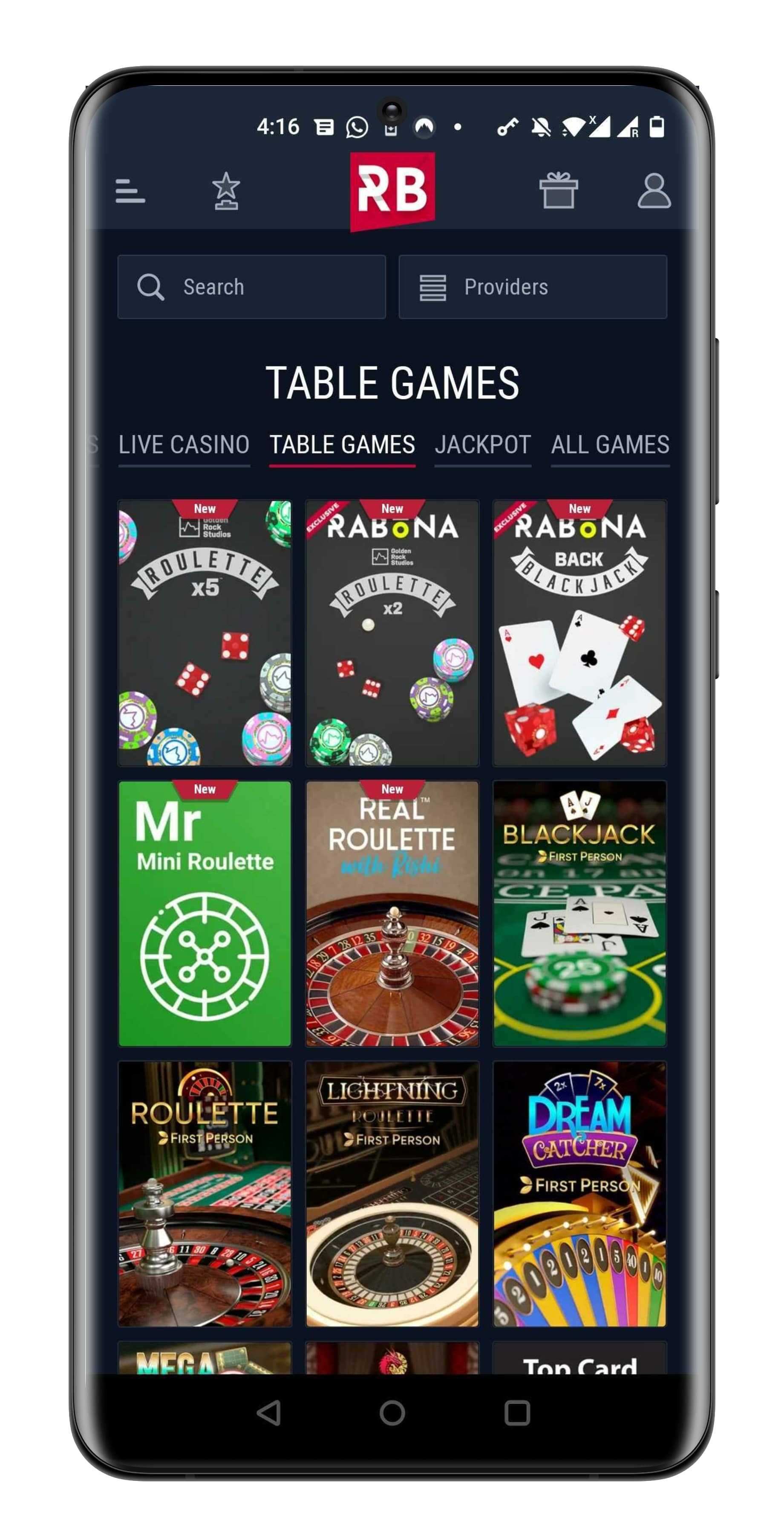 Rabona App Casino Games