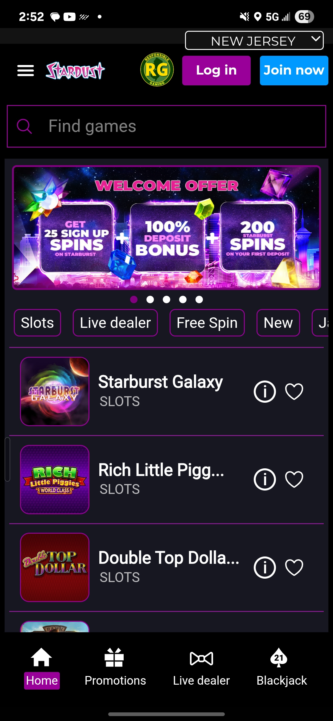 Stardust Casino App Home Page