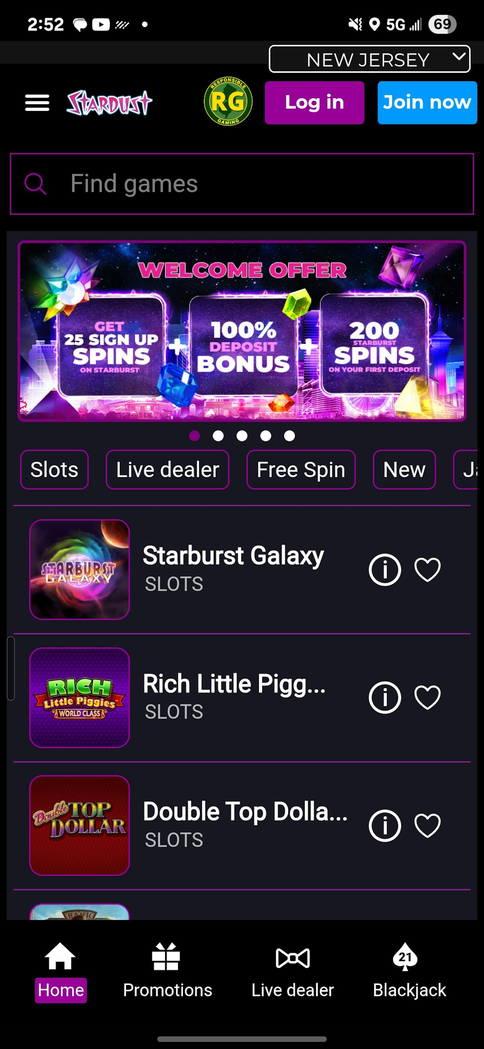 Stardust Casino App Home Page