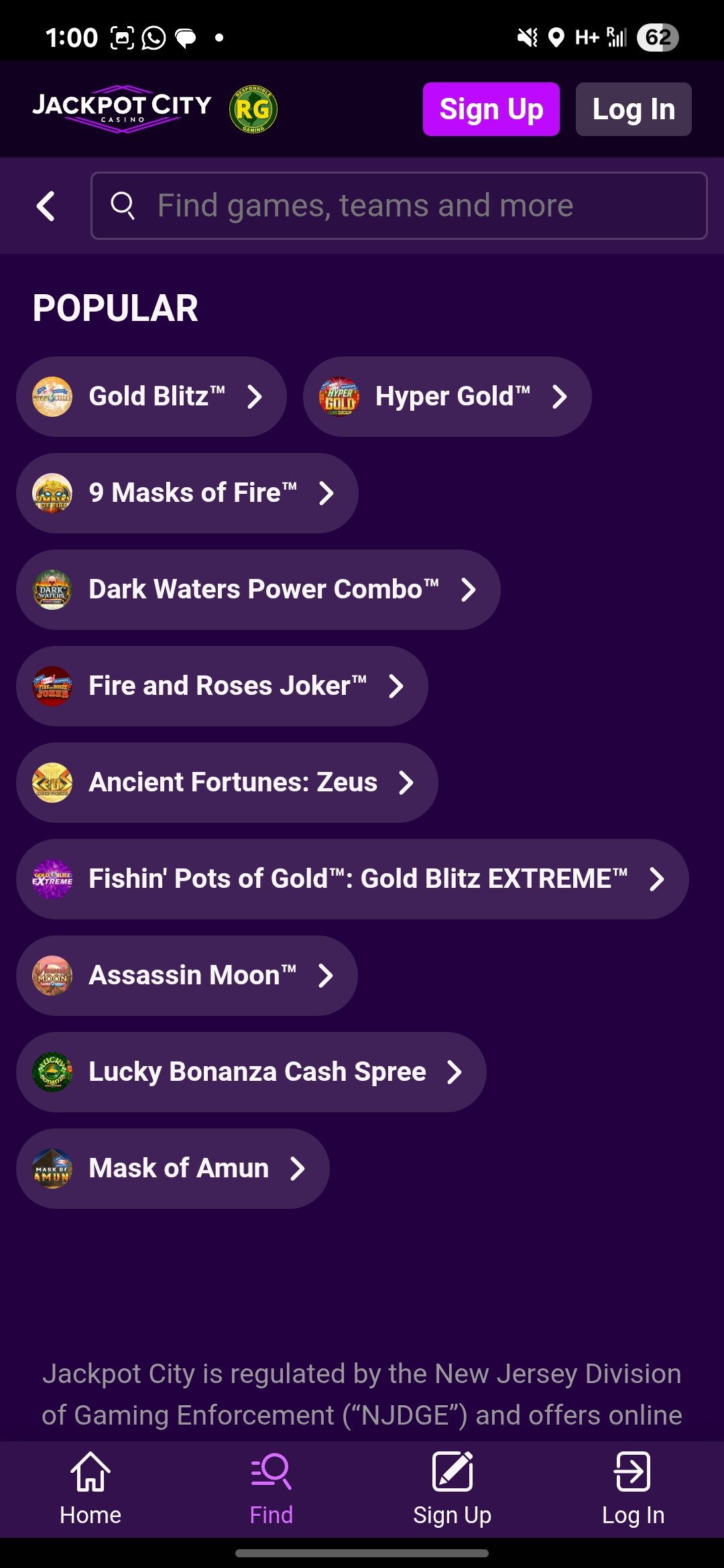 Jackpot City Casino Search Tab