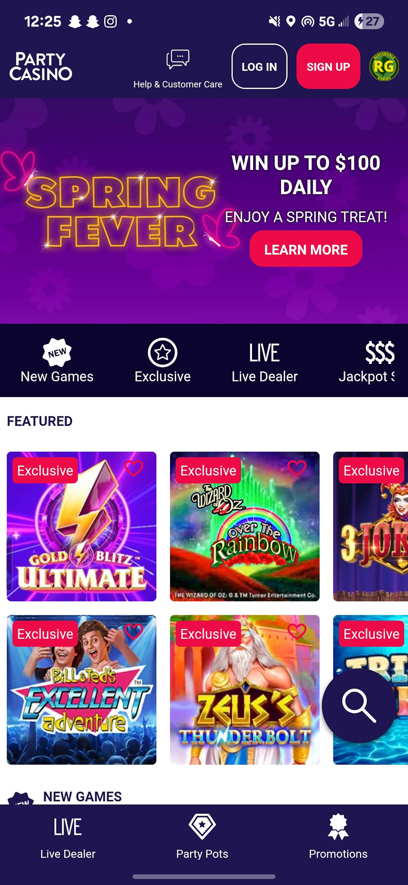 PartyCasino Homescreen