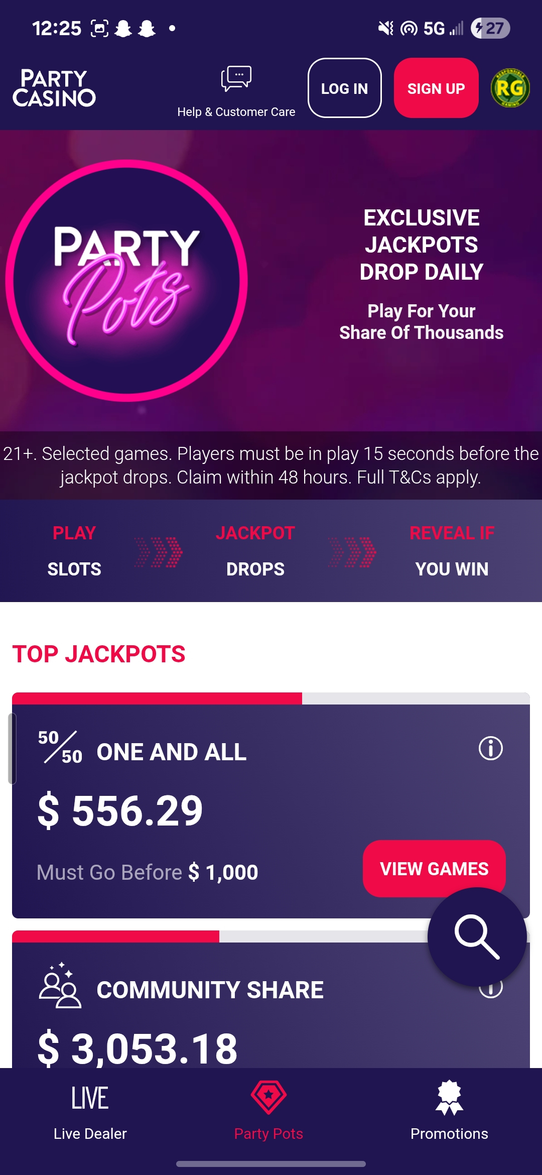 PartyCasino Party Pots Jackpots