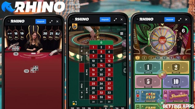 Three Pixel 5 phones showing games from the Rhino Bet Live Casino