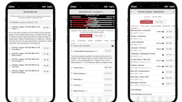Three i Phones showing Spreadexs Group Specials individual match markets and the main spread betting section for this weekends Premier League matches