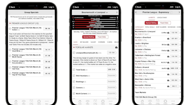 Three i Phones showing Spreadexs Group Specials individual match markets and the main spread betting section for this weekends Premier League matches