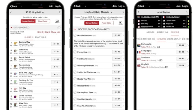 Three i Phones showing an example of the Spread betting markets in the Spreadex app