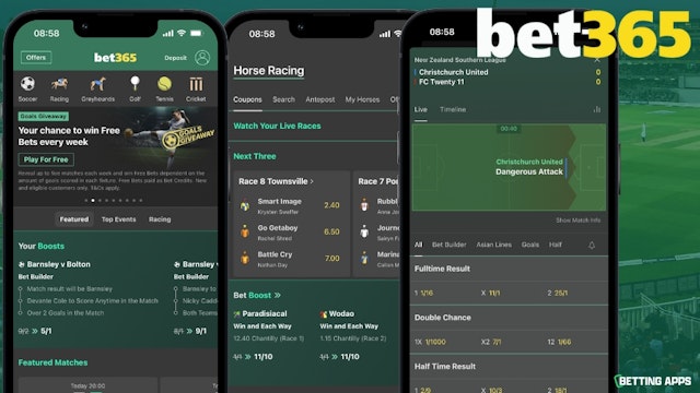 Three i Phones showing different pages from within the Bet365 app