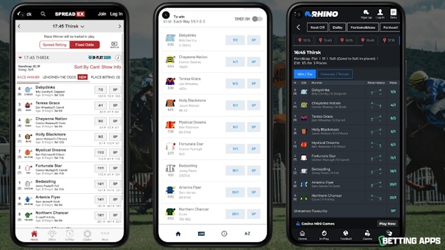 Three pixel phones comparing the odds from Spreadex Bet UK and Rhino Bet on a horse race