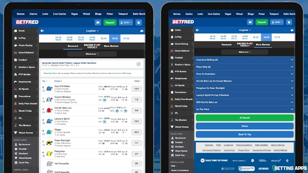Two Ipads showing the horse racing section of the Betfred app