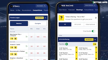Two i Phones showing the boosts across horse racing and football in the Sky Bet app