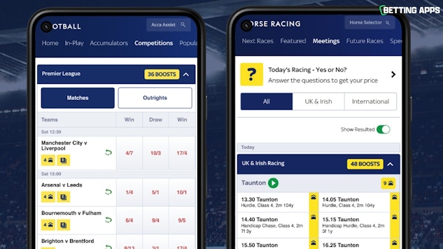 Two i Phones showing the boosts across horse racing and football in the Sky Bet app