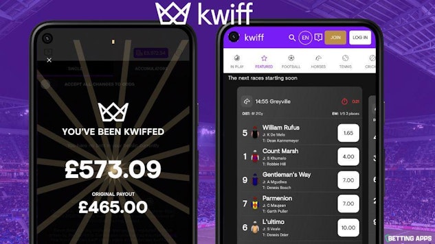 Two i Phones with one showing what happens when you get Kwiffed and one showing the Kwiff home screen