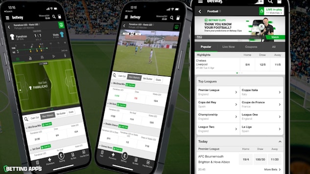 Two iphones showing the in play features of the Betway app and an ipad showing the football homepage