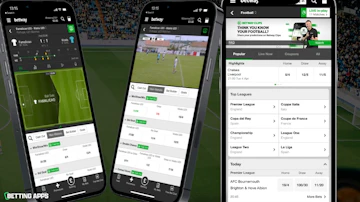 Two iphones showing the in play features of the Betway app and an ipad showing the football homepage