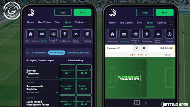 Two phones showing asian handicap markets and the in play graphics on a football match in the Grosvenor Sports app