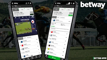 Two phones showing the horse racing section of the betway app