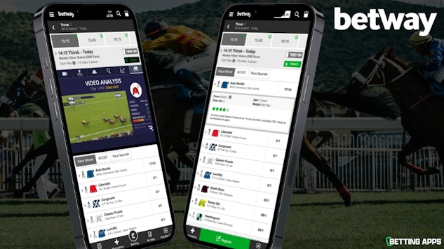 Two phones showing the horse racing section of the betway app