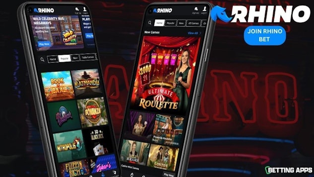 Two pixel phones showing the Casino Section on the Rhino Bet app