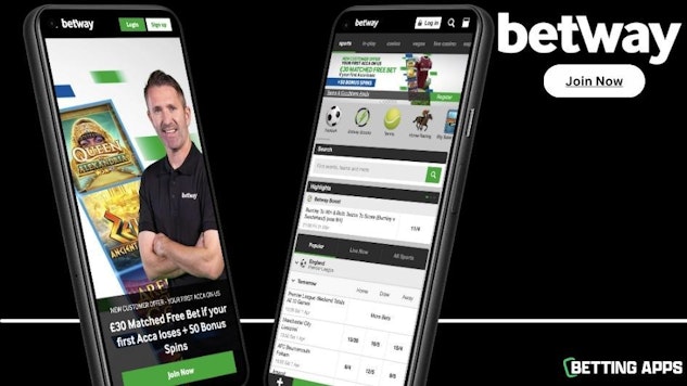 Two pixel phones showing the betway welcome offer and the home page 1
