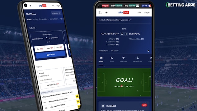 Two pixel phones showing the football section of the Sky Bet app