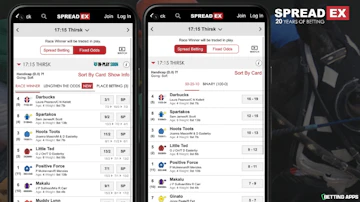 Two pixel phones showing the horse racing section in the Spreadex app