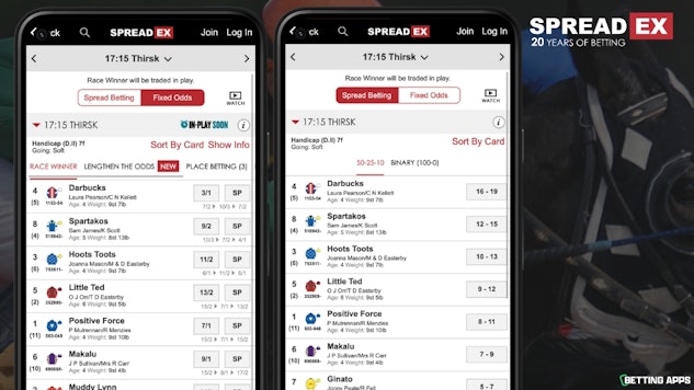 Two pixel phones showing the horse racing section in the Spreadex app