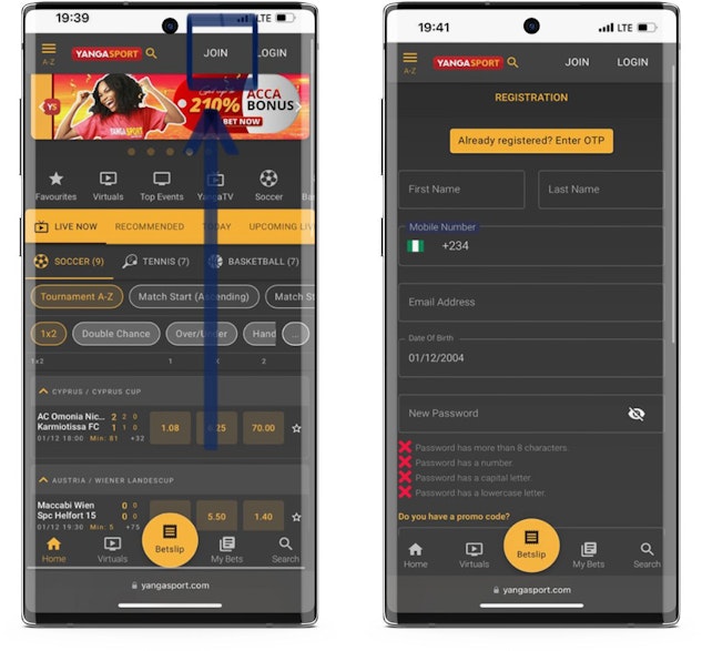 Yangasport App signup
