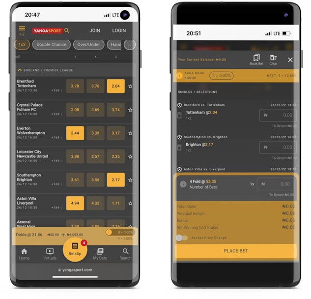 Yangasport app place bet