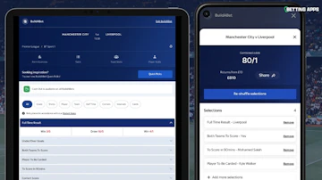 An ipad and pixel phone showing the Build A Bet feature in the Sky Bet app