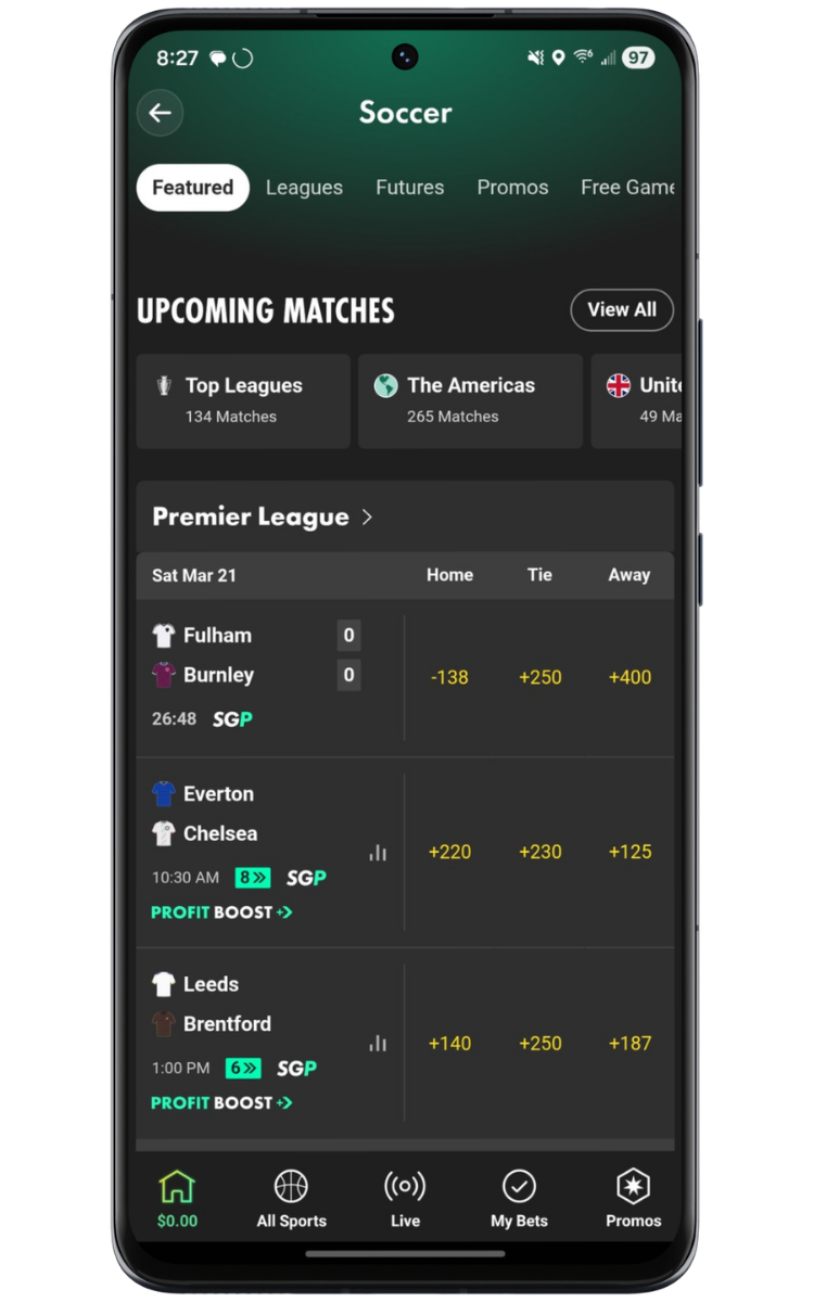 Bet365 Soccer Featured Matches