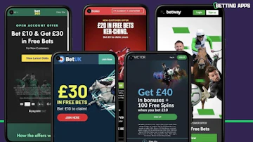 Five pixel phones showing the free bet welcome offers from 5 different brands
