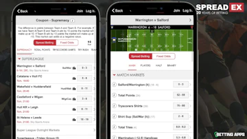 I Phones showing betting markets for rugby league and in play markets for a rugby match