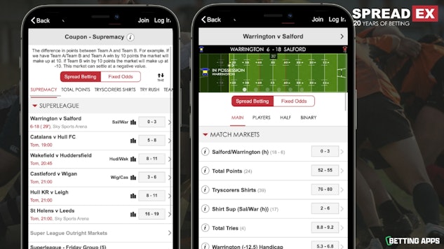 I Phones showing betting markets for rugby league and in play markets for a rugby match