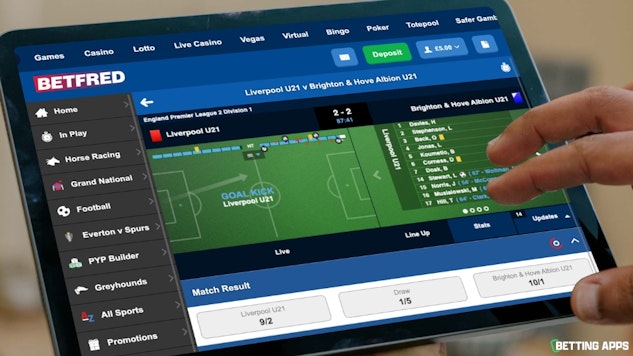 Ipad showing the in play football section of betfred app