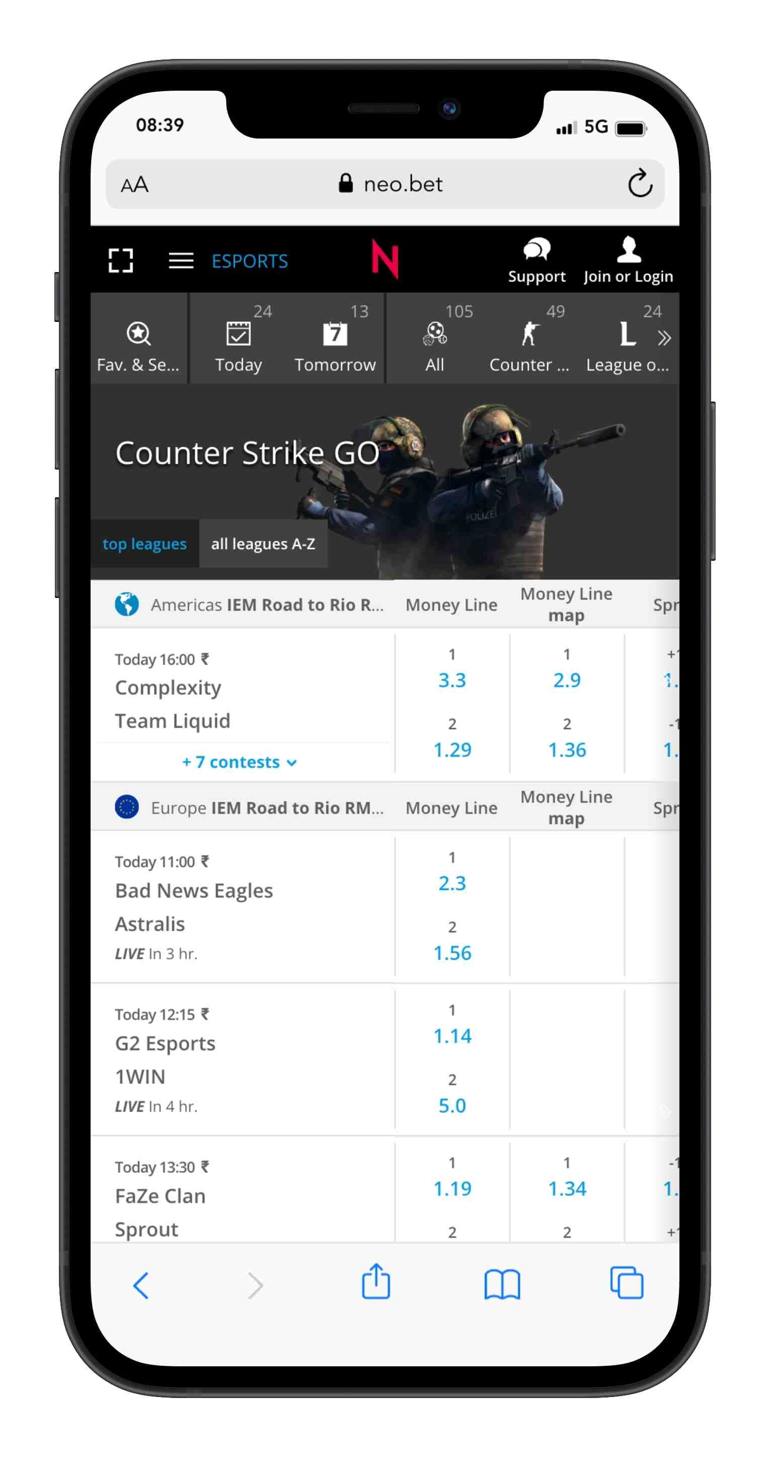 NEO.bet App esports section