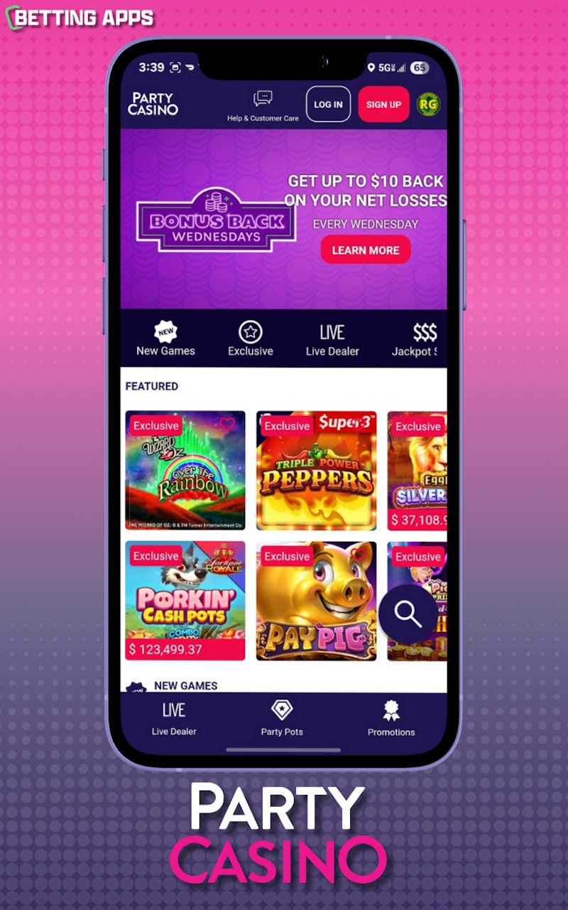 Party Casino mobilalkalmazás kezelőfelülete egy okostelefonon