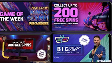 Picture of pixel phones showing 4 of the casino promos from the Betfred app