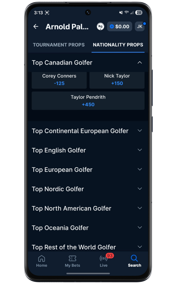 theScore Bet Golf Nationality Props