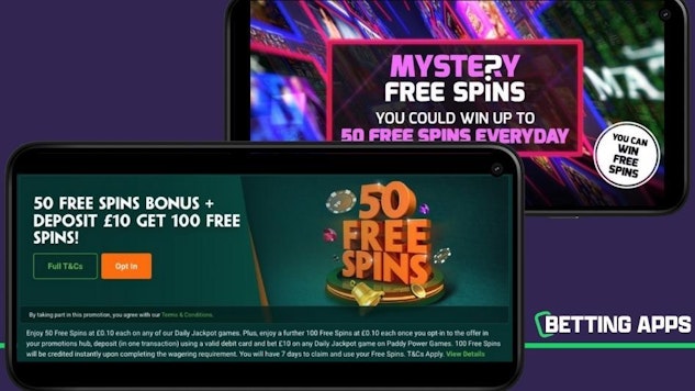 Two pixel phones showing the free spins promos from Paddy Power and Betfred