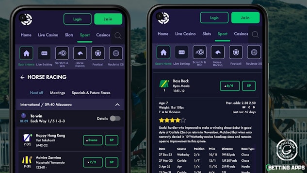 Two pixel phones showing the horse racing page and the timeform data in the Grosvenor Sports app